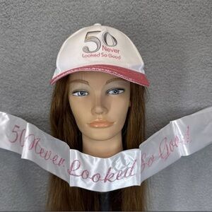 50 Never Looked So Good Women's  Birthday Pink Glitter Baseball Hat W/Sash NWT